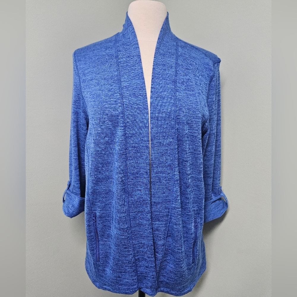 Talbots Cardigan Open Front Quarter Sleeve Buttons & Zipper Pockets Blue Large